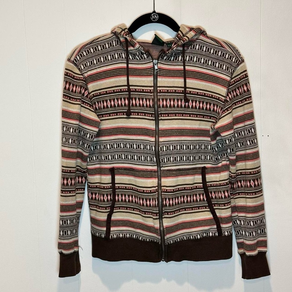 Earth Tones Stripes Patterned Zip Up Hoodie Small
